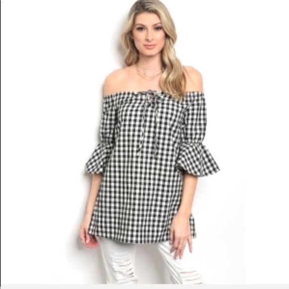 🖤Off the shoulder black and white checked top New - Picture 4 of 8